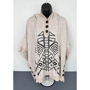 Dylan Women's Aztec Hooded Sweater Knit Poncho Beige Size Medium Boho FLAW